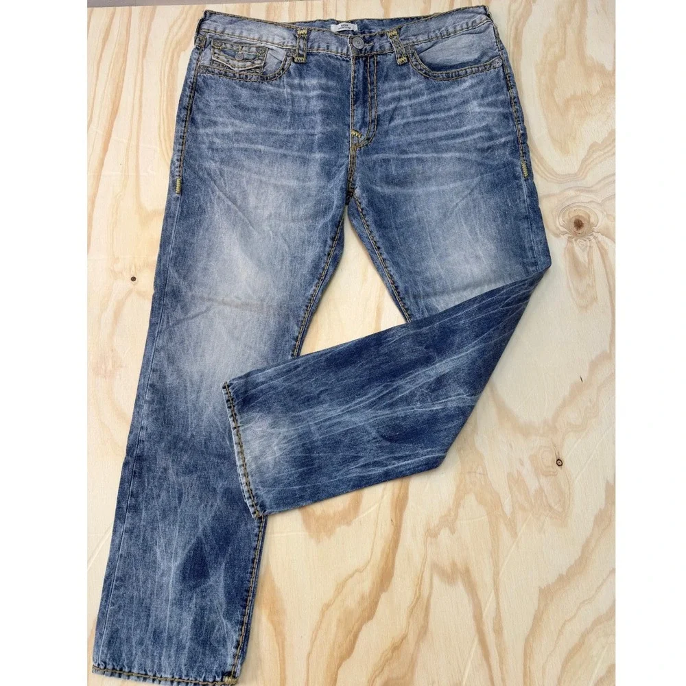 True Religion Ricky Relaxed Straight Blue Big T Stitch Jeans Mens 42 106155‎